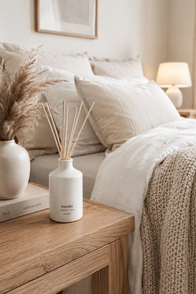 Luxury bedroom styled with a reed diffuser and scented candle on a minimalist bedside table.