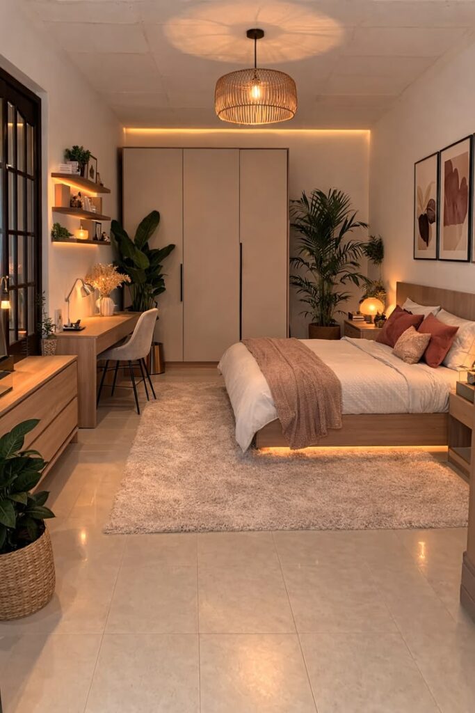 Luxury minimalist bedroom illuminated with warm bedside lamps and soft ambient lighting.