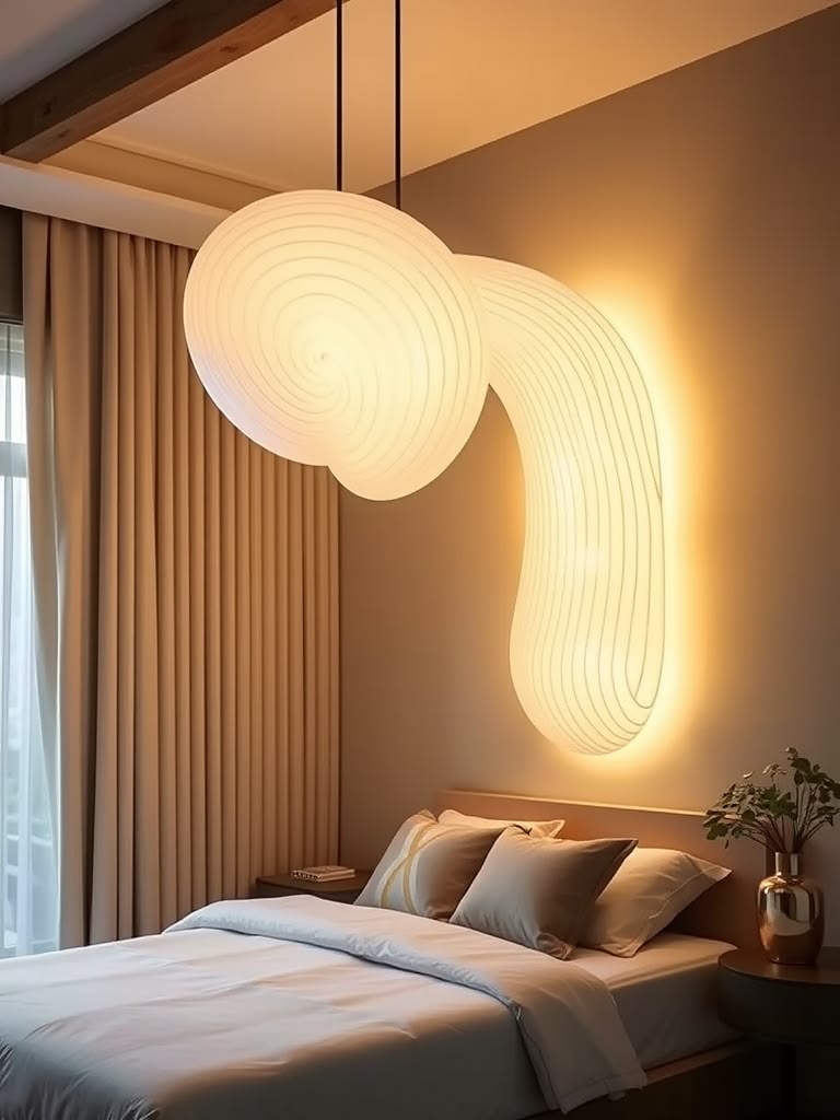Modern bedroom featuring a sculptural pendant light above a minimalist luxury interior.