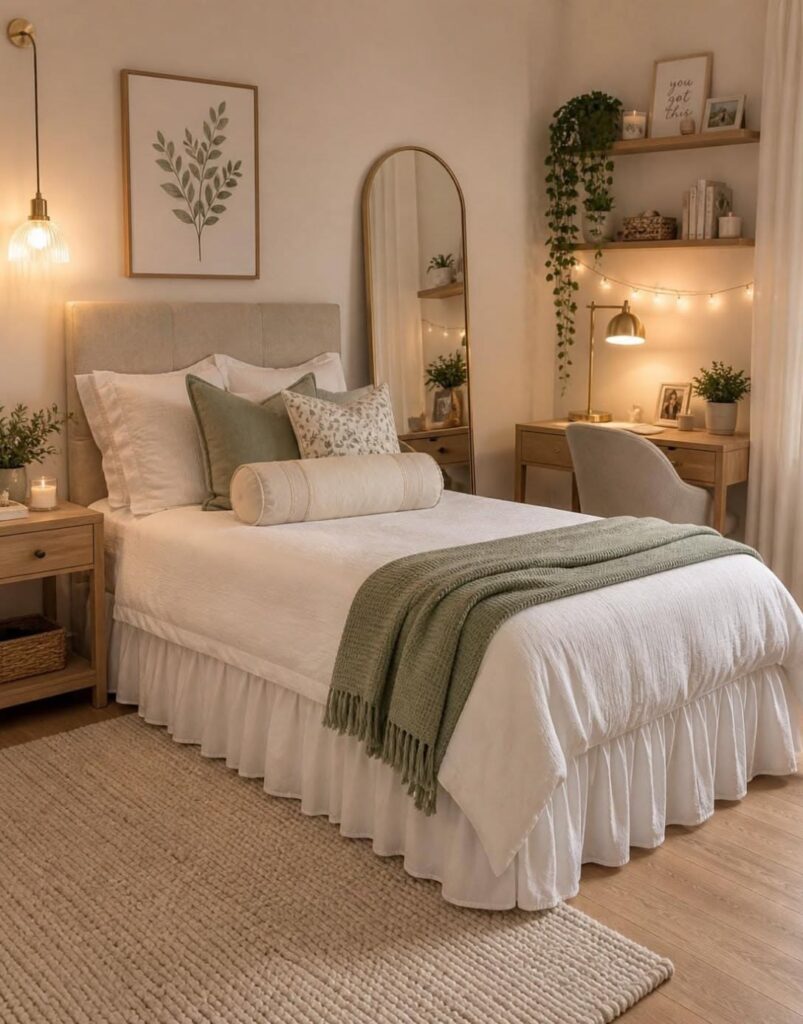 Elegant minimalist bedroom decorated with classic furniture and timeless neutral finishes.