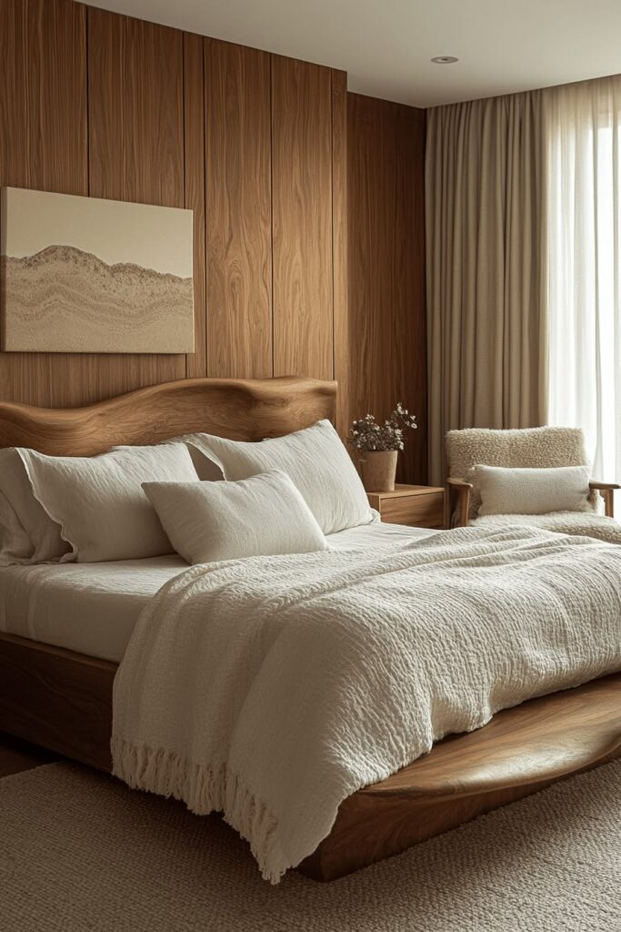 Luxury bedroom combining natural oak furniture with soft neutral décor and modern styling.