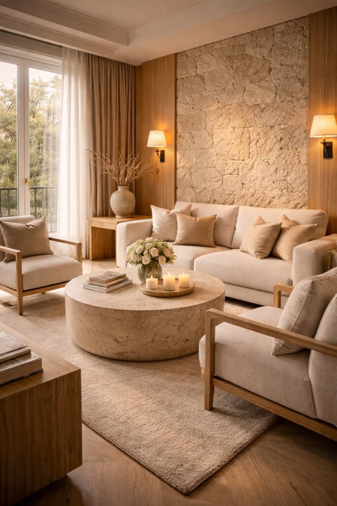 Modern  room combining matte finishes with textured natural materials.