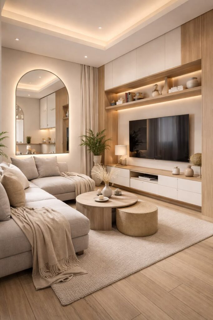 a living room layout with only one solid wall