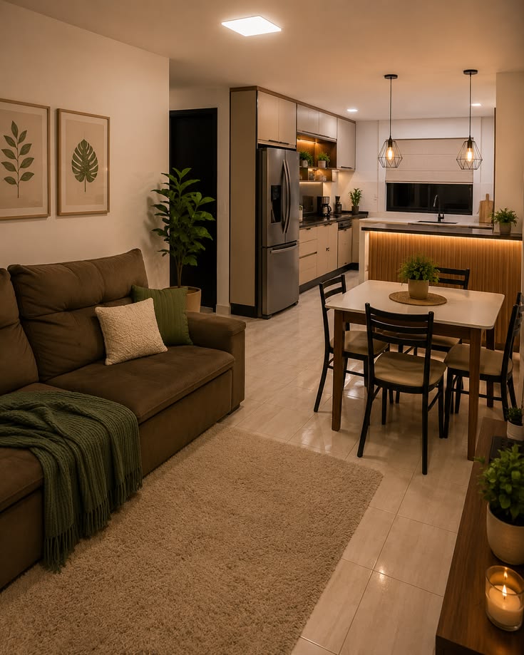 a multi functional small apartment with dining, kitchen and living room