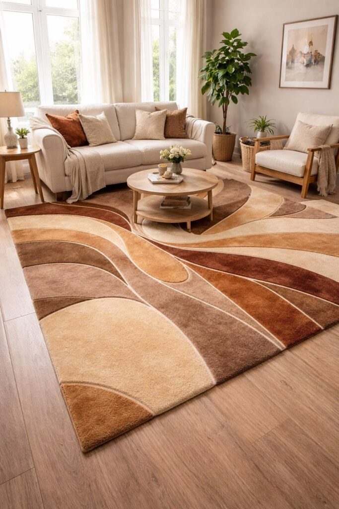 Luxury small living room with an oversized area rug anchoring the seating area and creating a spacious, designer-inspired look.