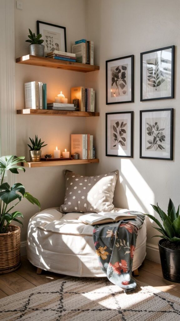 Luxury small living room with a cozy reading corner featuring an accent chair, floor lamp, side table, and soft throw blanket.