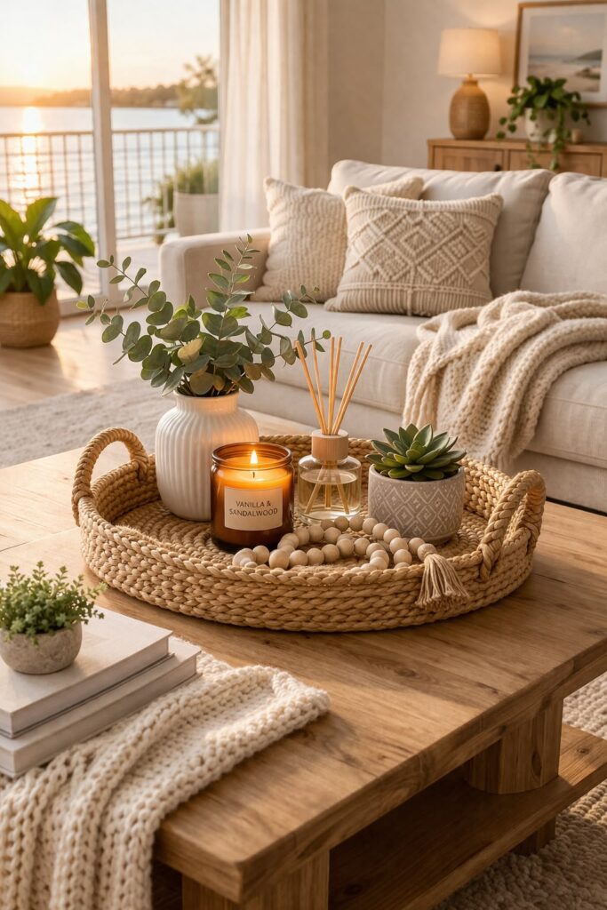 Luxury small living room styled with a scented candle and reed diffuser on a coffee table for a warm, inviting atmosphere.
