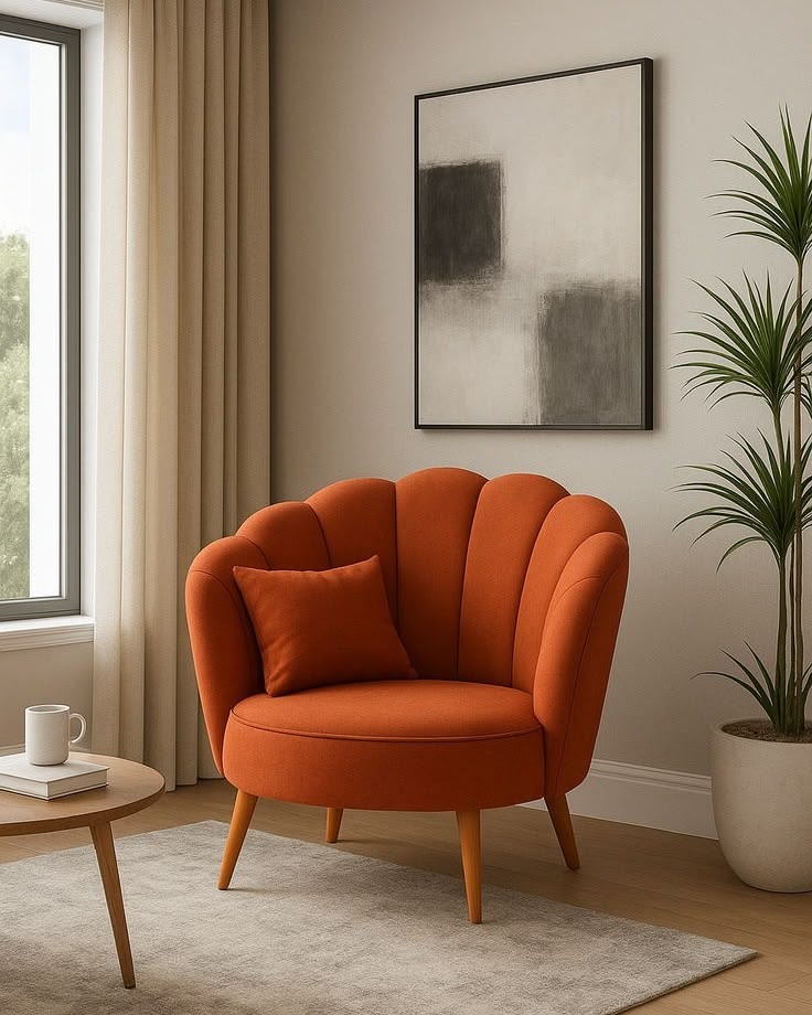 Elegant statement sofa in a luxury small living room with neutral décor, layered textures, and modern styling.