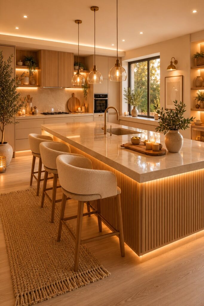 Luxury kitchen illuminated with warm pendant lights and soft accent lighting.