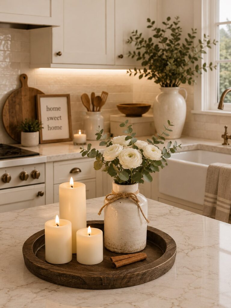 Elegant kitchen featuring a scented candle on a beau