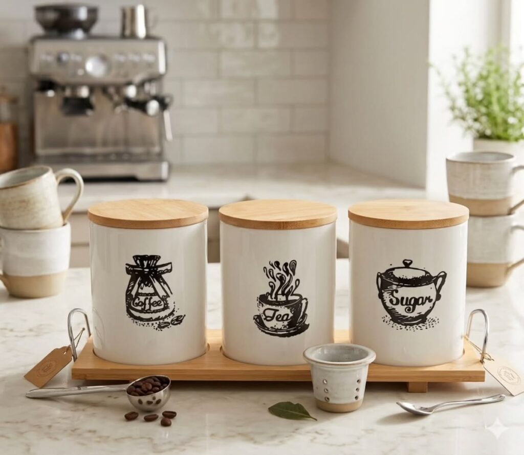 Elegant kitchen countertop with matching ceramic canisters for coffee, tea, and sugar.