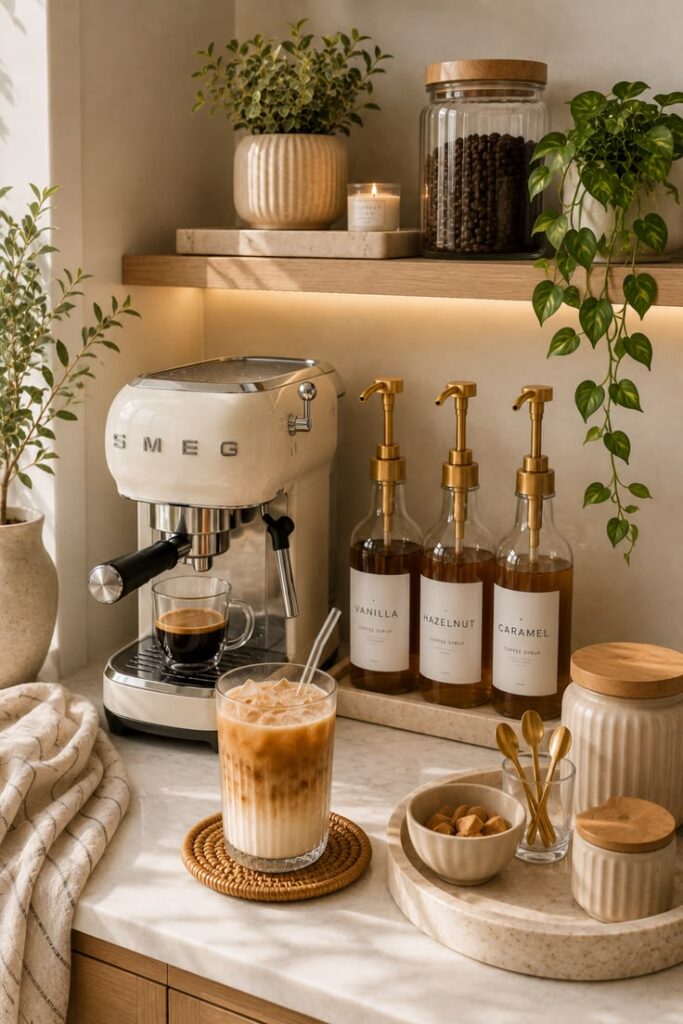 Luxury coffee station with matching mugs, glass jars, coffee machine, and fresh greenery.