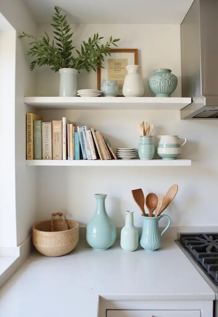 Kitchen shelf decorated with stacked cookbooks, a ceramic vase, and a candle.