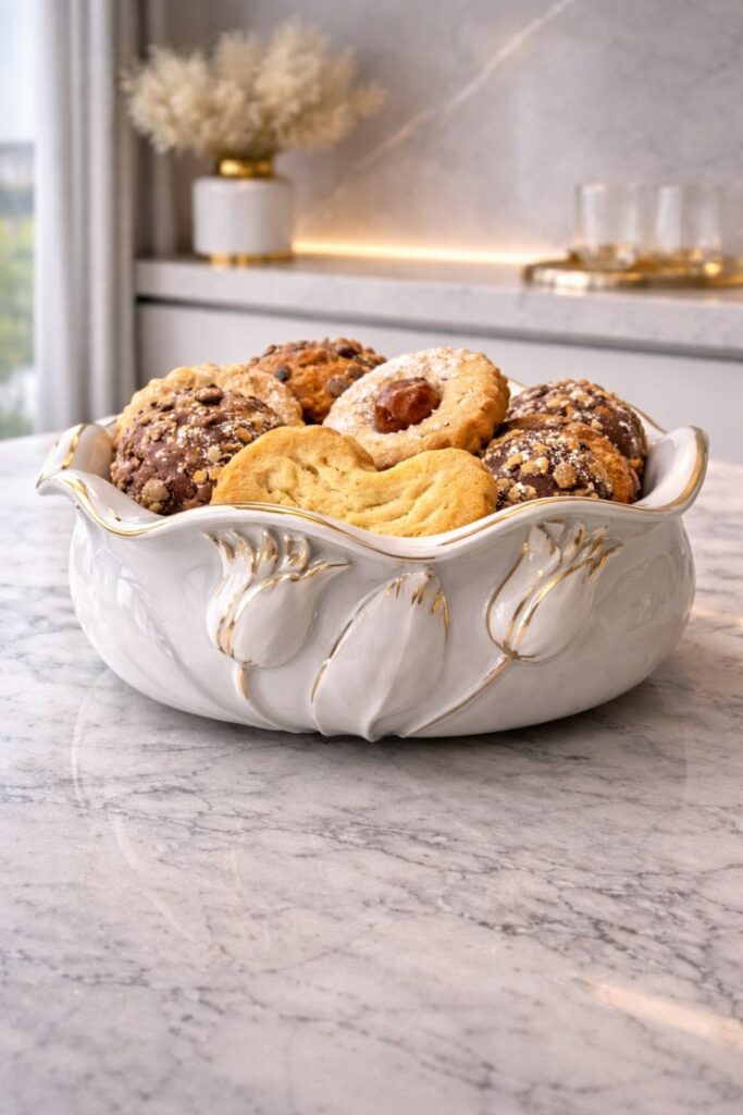 Luxury kitchen styled with handmade pottery, artisan ceramics, and meaningful decorative pieces.