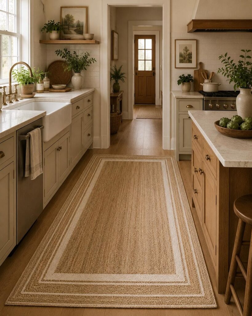 Small kitchen featuring a neutral runner rug over hardwood flooring.