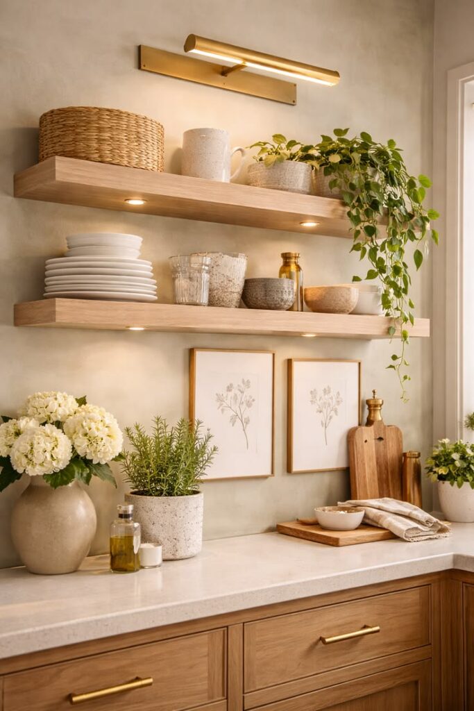 Floating kitchen shelf decorated with mugs, artwork, plants, and glass jars.