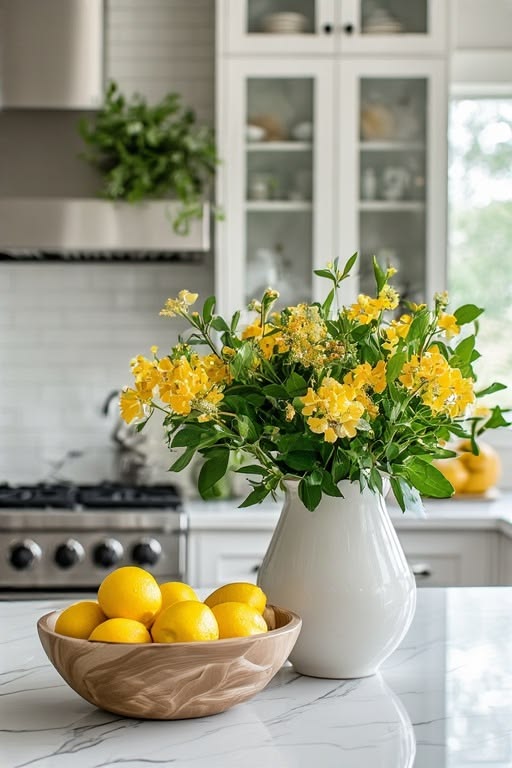 Kitchen island decorated with a ceramic fruit bowl filled with fresh lemons and pears.
