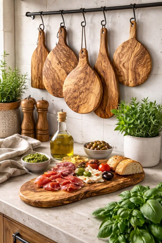 Kitchen wall decorated with hanging wooden cutting boards  kitchen utensils.