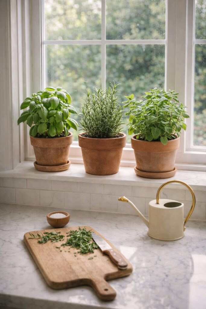 Kitchen windowsill decorated with potted basil, rosemary, and thyme in ceramic planters.