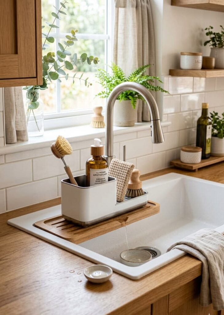Luxury kitchen sink with glass soap dispensers, a linen towel, and a decorative tray.