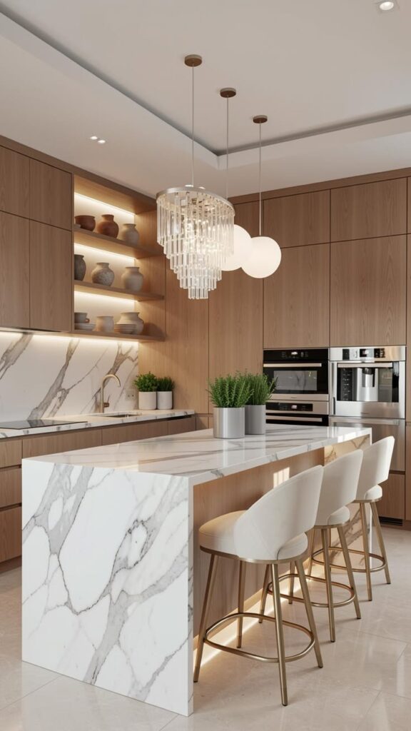 Kitchen decorated with wood, marble, ceramic, linen, and glass for a warm luxury look.