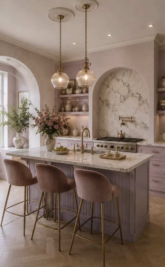 Luxury kitchen island with matching upholstered bar stools and pendant lighting.