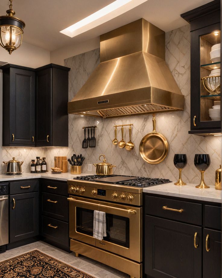 Luxury kitchen featuring brushed brass accessories and matte black decorative accents.