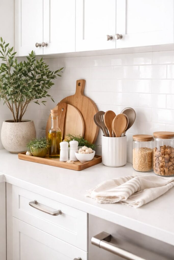 Minimalist luxury kitchen with uncluttered countertops and carefully selected décor.