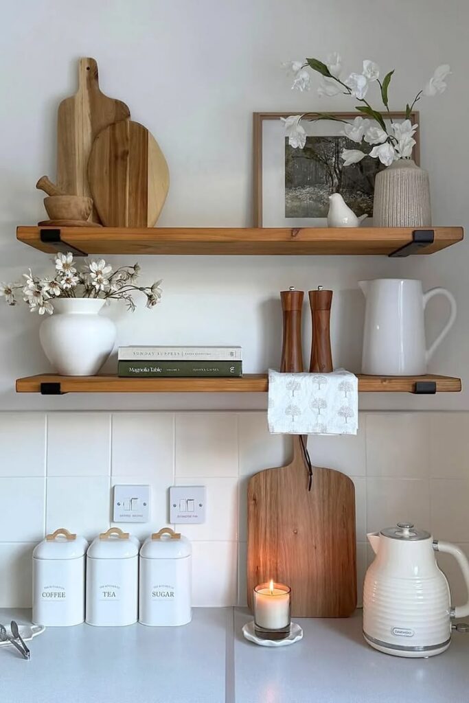 Kitchen shelf styled with three ceramic vases of varying heights for visual balance.