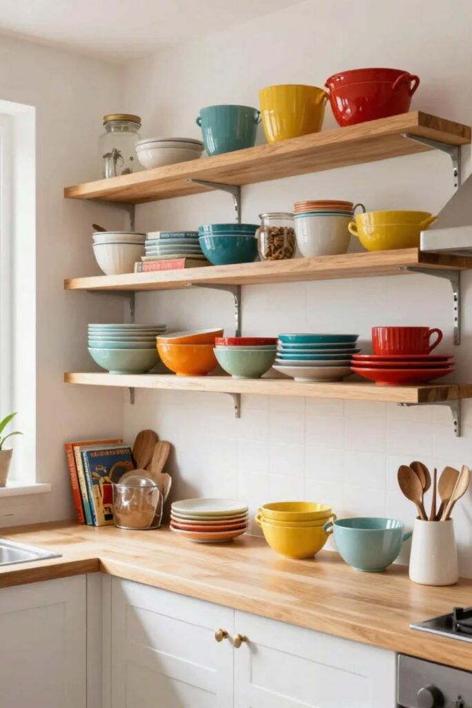 Luxury kitchen open shelves displaying ceramic dishes, glassware, cookbooks, and plants.