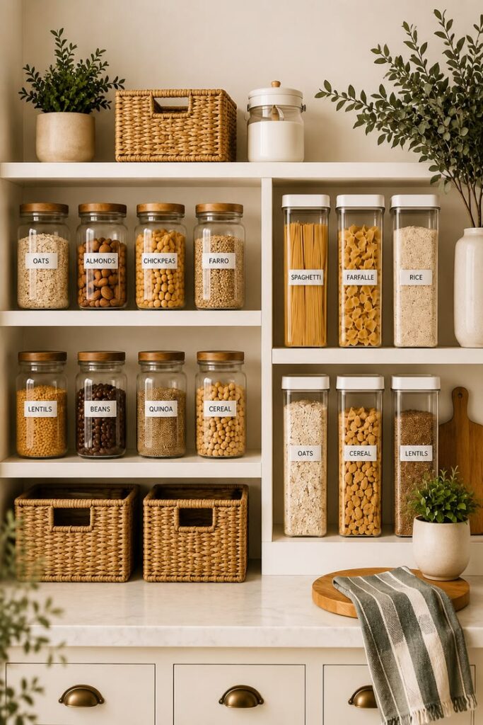 Kitchen pantry organized with matching glass jars filled with dry food staples.