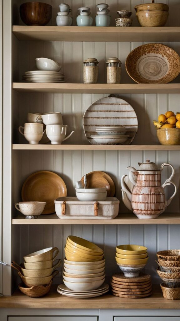Luxury kitchen showcasing family heirlooms, artisan pottery, and personal decorative accents.
