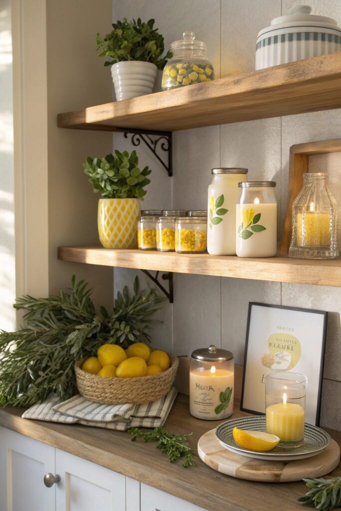 Kitchen decorated with seasonal greenery, fruit, and warm neutral accessories.