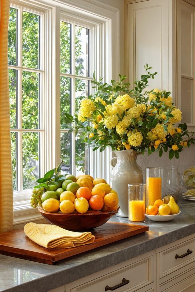 Luxury kitchen decorated with seasonal flowers, fruit, and elegant natural accessories.