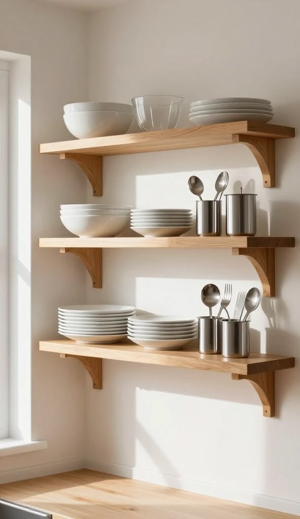 Open kitchen shelves displaying elegant serving platters, bowls, and cake stands.