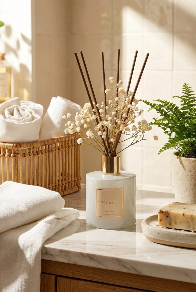 Luxury kitchen featuring a reed diffuser and a lightly scented candle.