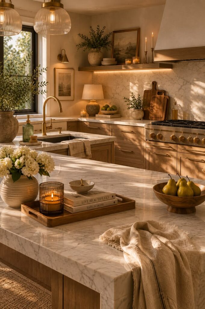 Luxury kitchen combining polished stone, natural wood, woven baskets, and linen fabrics.