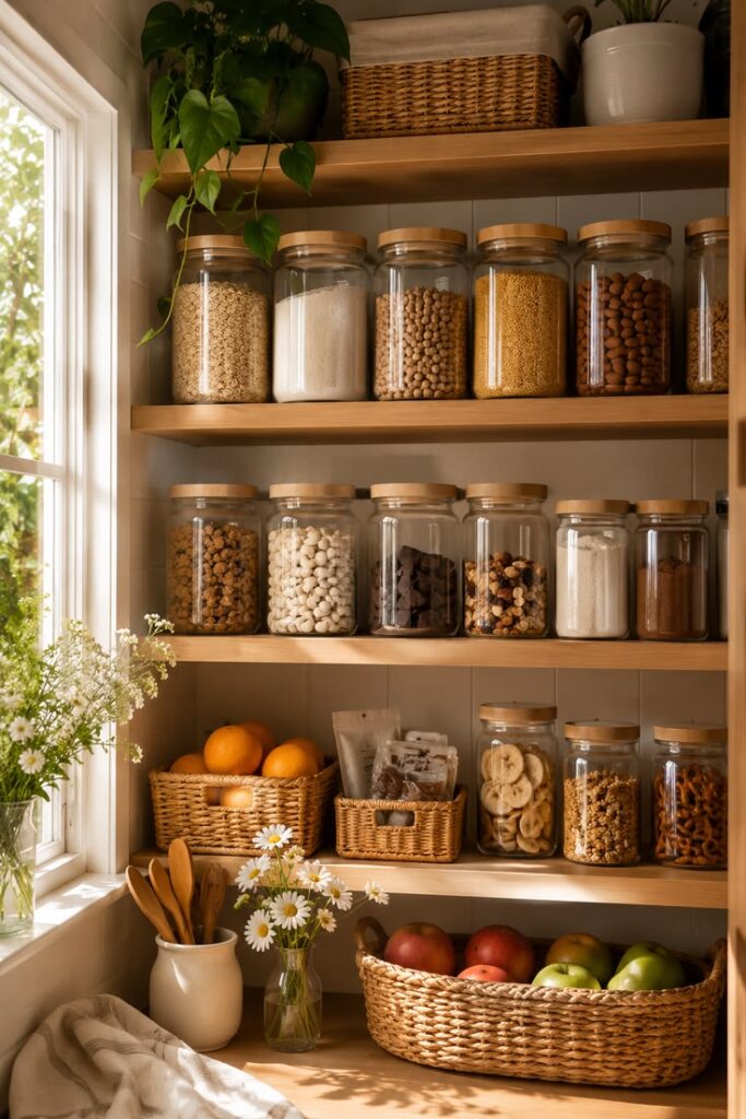 Luxury kitchen with woven baskets, glass jars, and handcrafted storage containers.