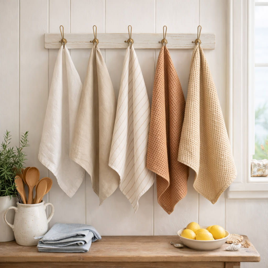 Modern kitchen styled with neutral linen tea towels and elegant woven textiles.