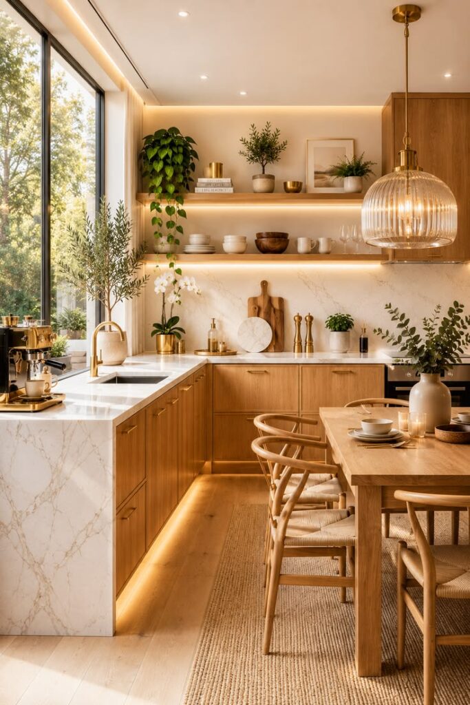 Luxury kitchen featuring elegant décor, layered textures, warm lighting, and timeless designer styling.