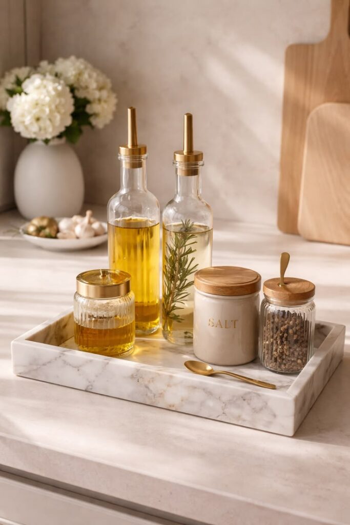 Kitchen countertop styled with a decorative tray holding olive oil, spices, and candles.
