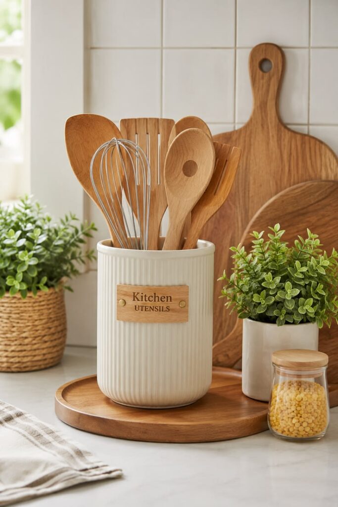 Luxury kitchen displaying wooden cooking utensils inside a handcrafted ceramic crock.