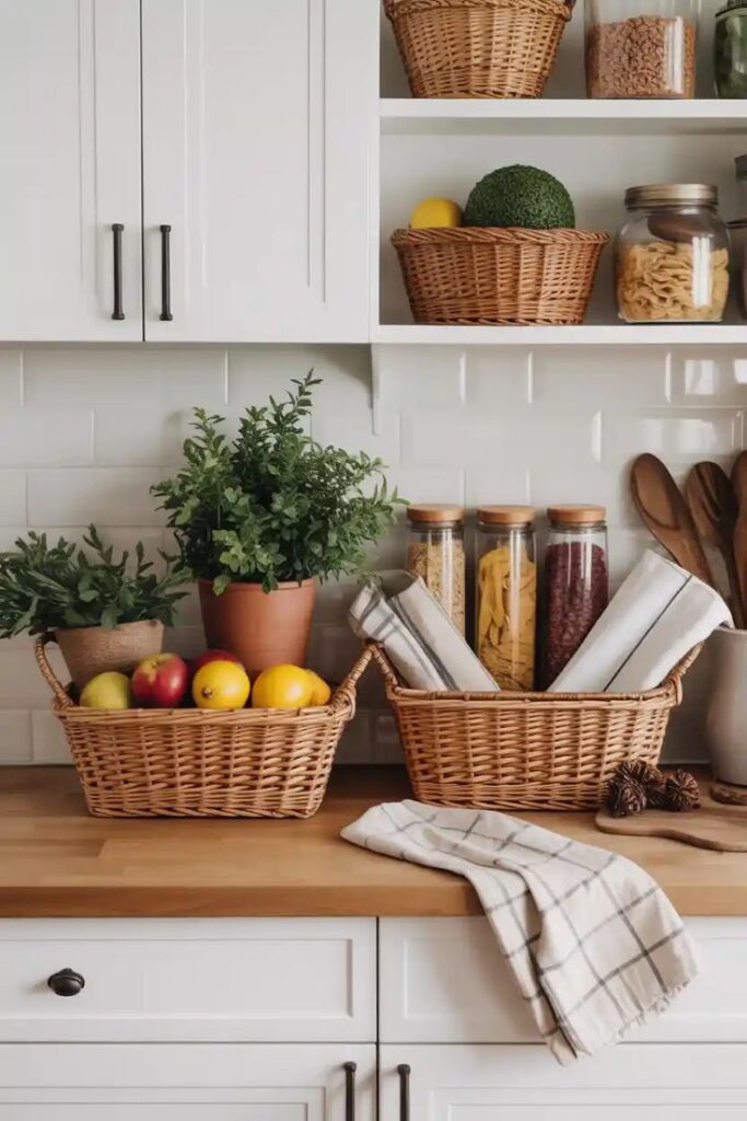 Kitchen styled with woven baskets used for bread, fruit, and kitchen linens.