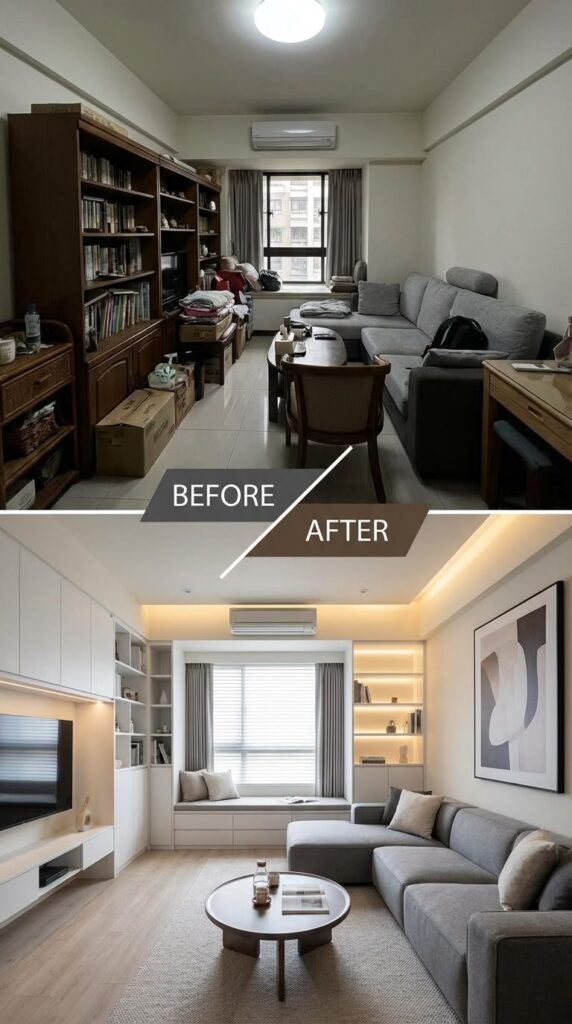 Before and after declutering a tiny living room