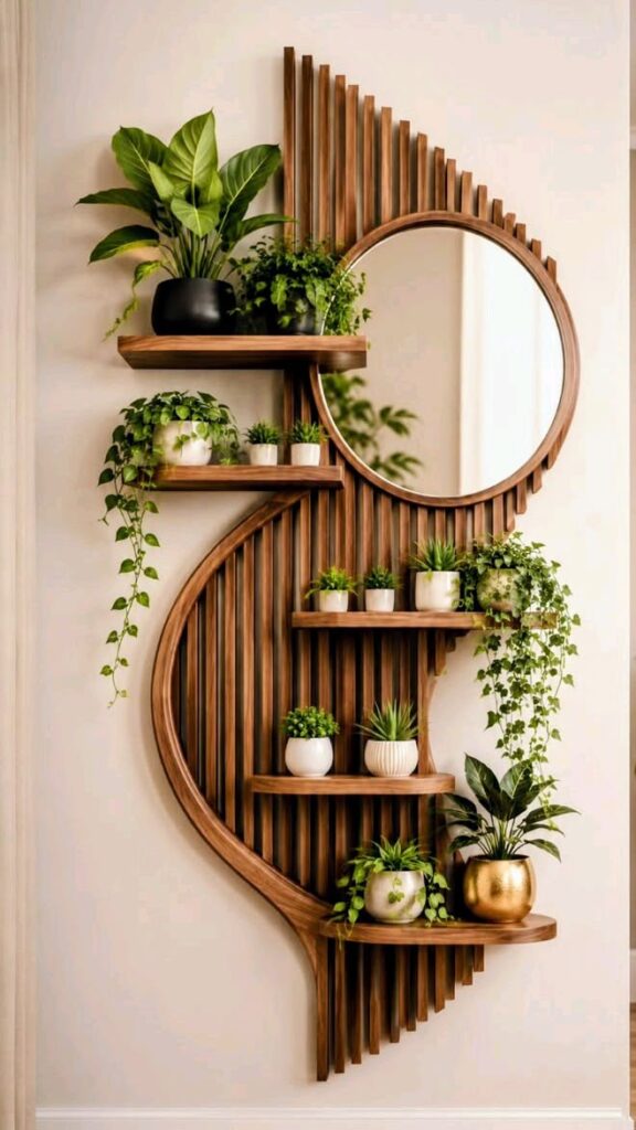 Tiny luxury living room enhanced with indoor plants and natural materials.