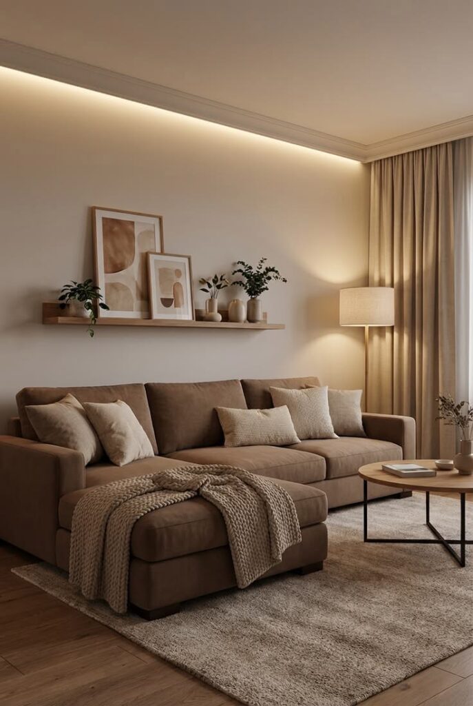 Tiny living room illuminated with layered warm lighting.