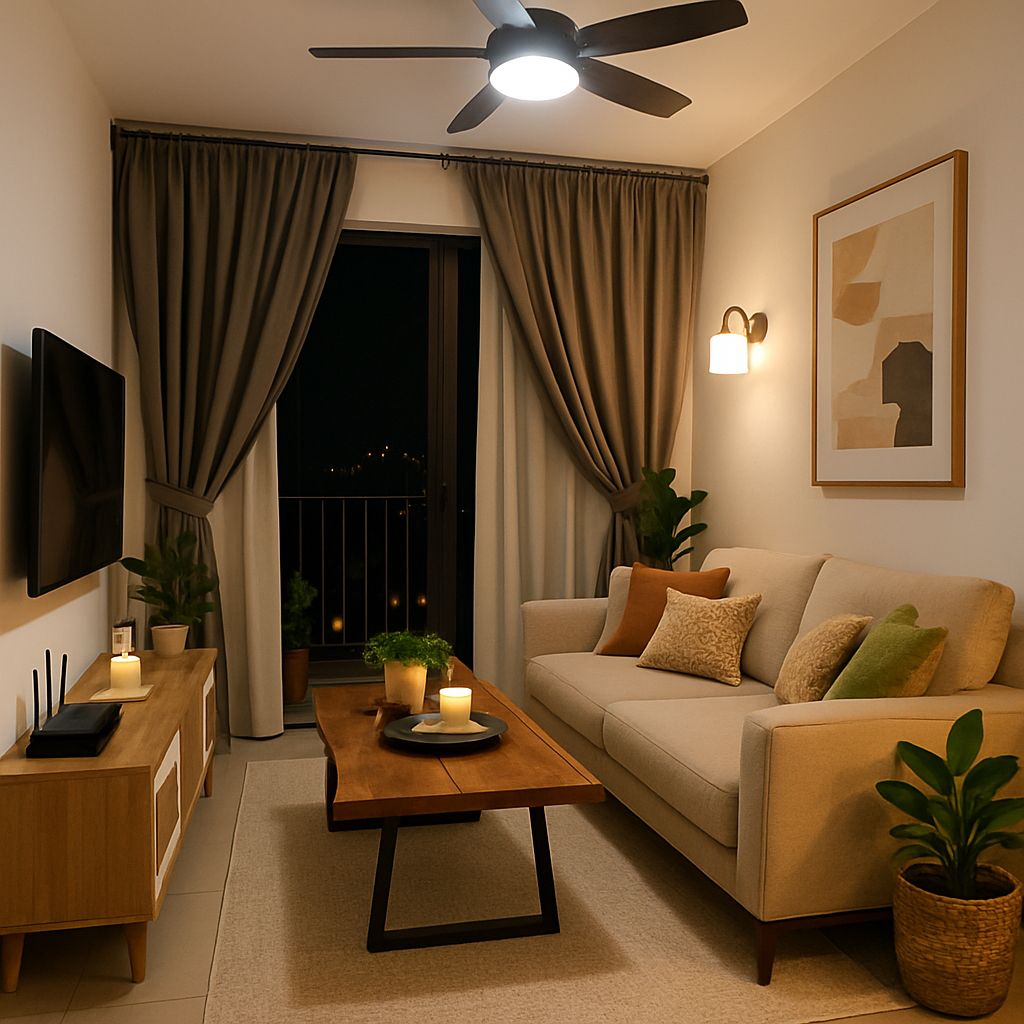 a tiny living room with a clear walkway