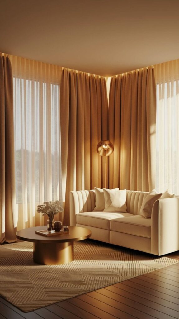 Tiny living room with floor-to-ceiling linen curtains.