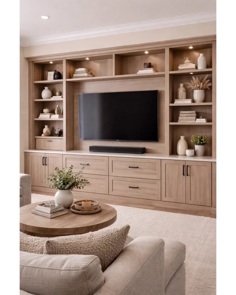 a mutifunctional wall, having a media unit, storage shelf